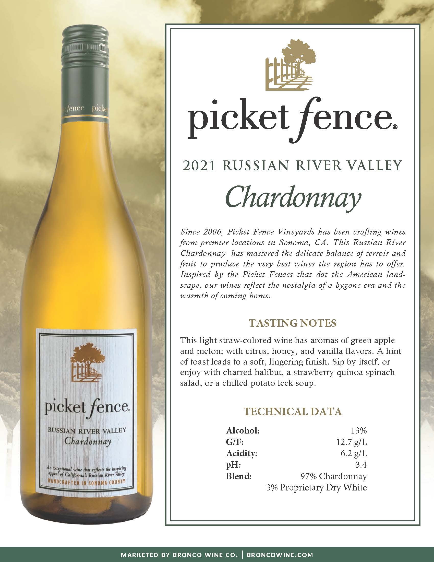 Picket Fence wine brand Chardonnay white wine tech sheet sample