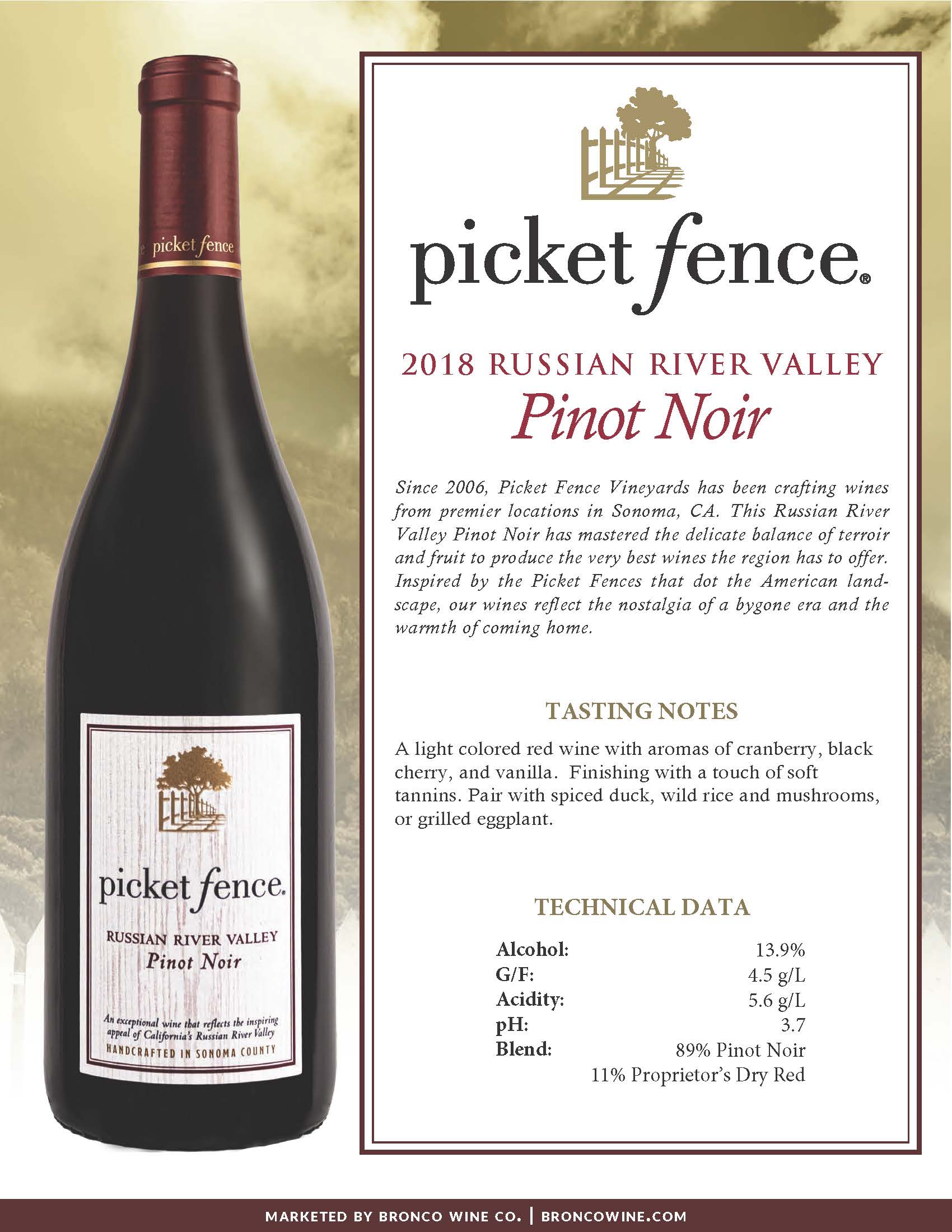 Picket Fence Pinot Noir wine tech sheet sample
