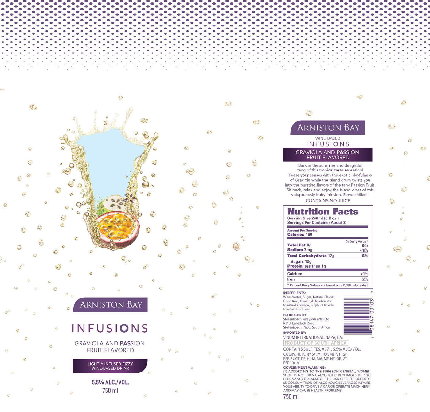 Arniston Bay brand Graviola and Passion Fruit front label sample