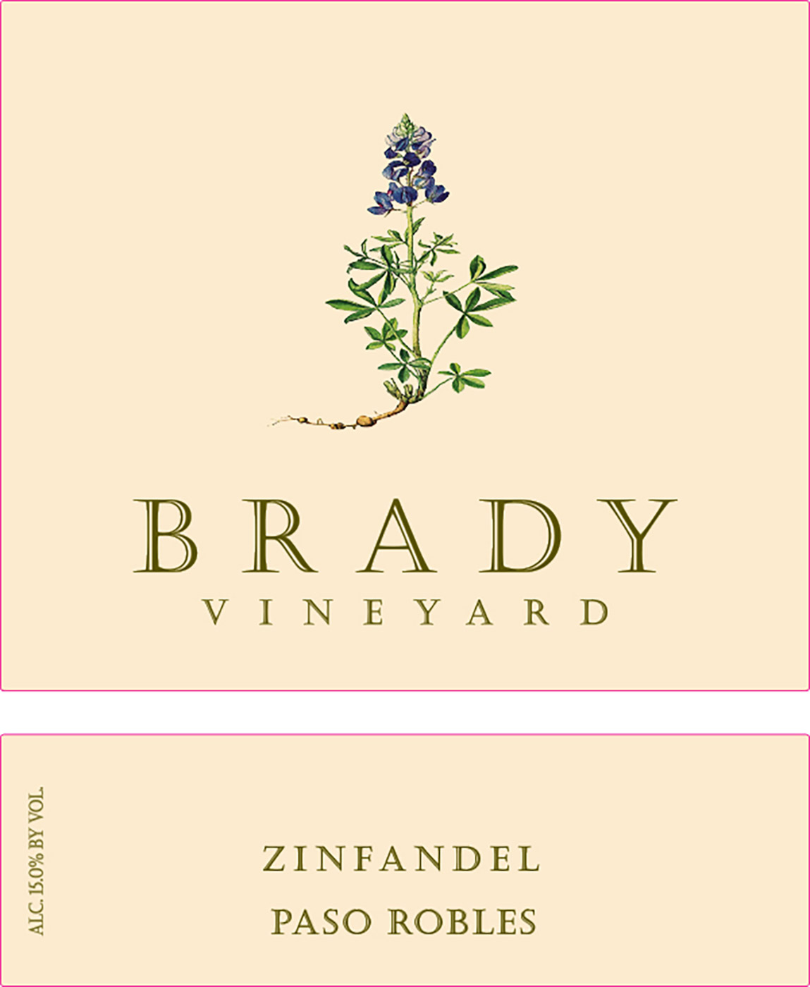 Brady Vineyards brand Zinfandel wine bottle front label sample