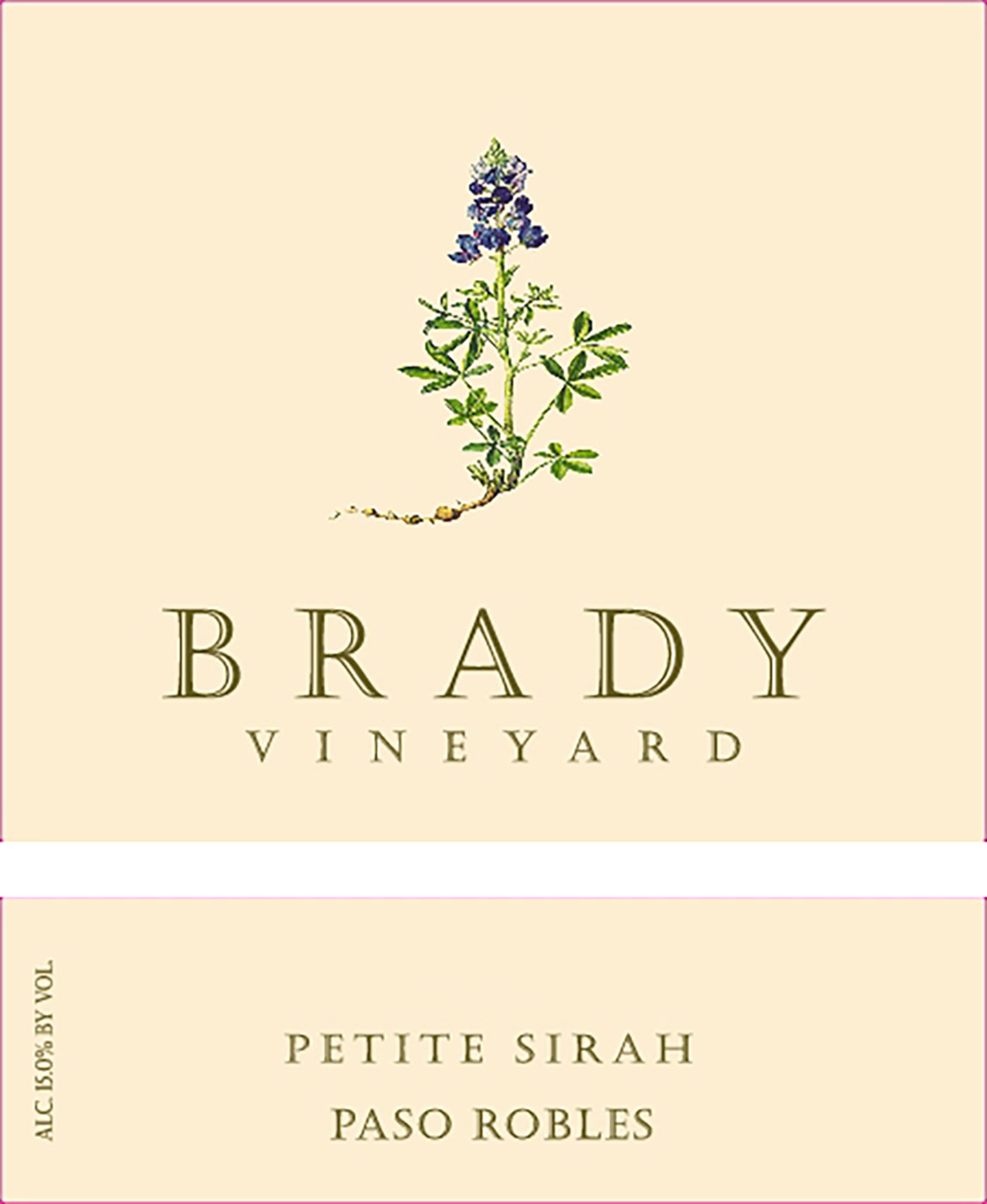 Brady Vineyards brand Petite Sirah wine bottle front label samples