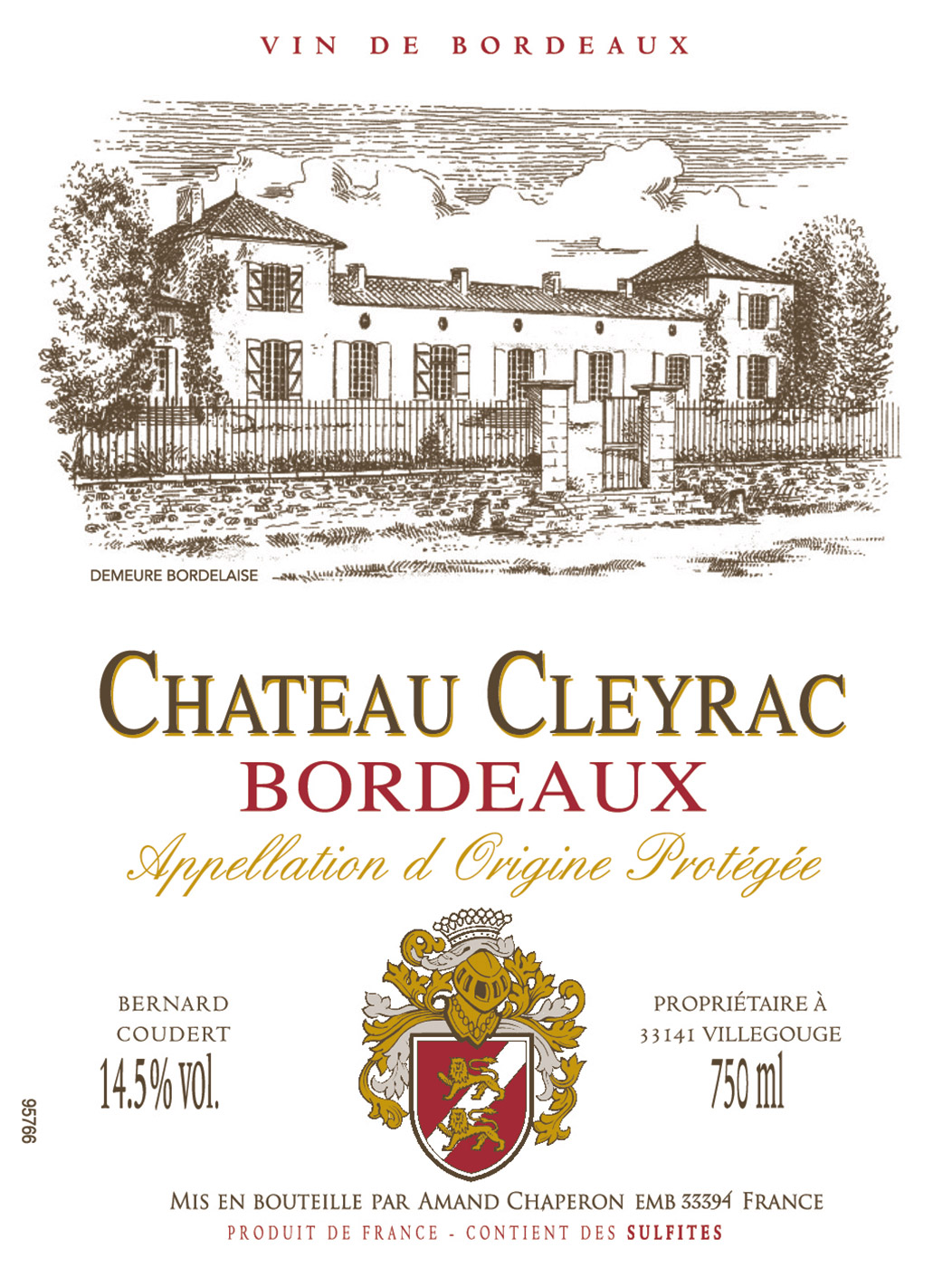 Chateau Cleyrac brand Bordeaux wine bottle front label sample