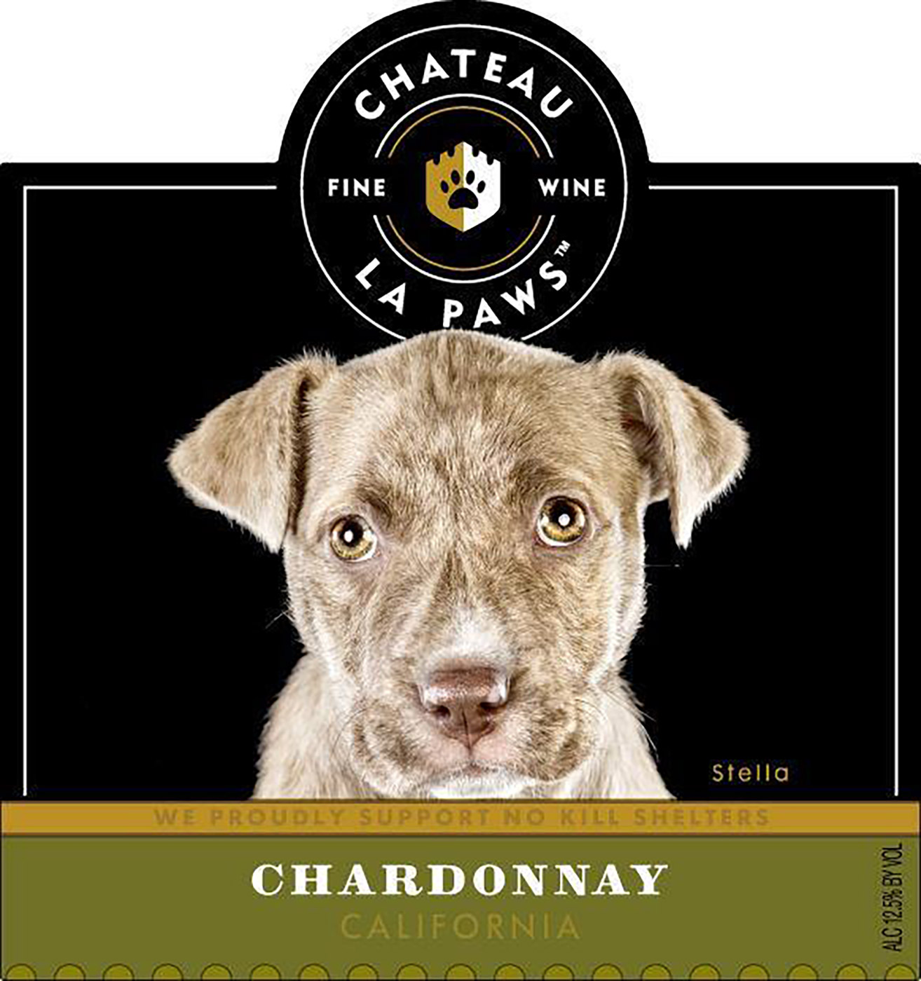 Chateau La Paws brand Chardonnay wine bottle front label sample