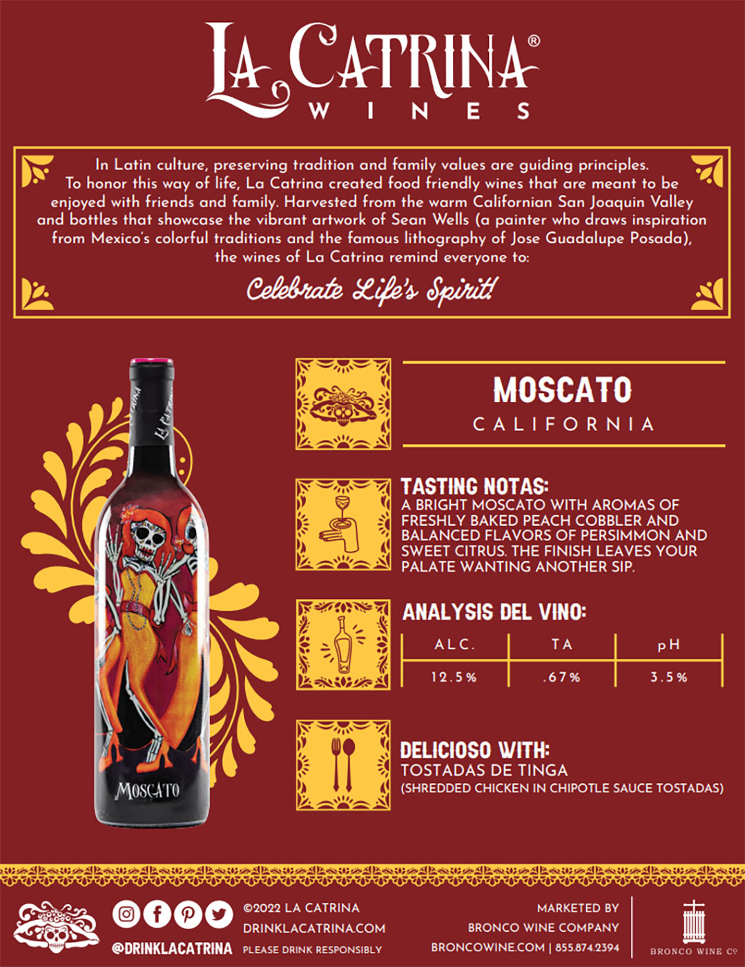 La Catrina wine brand Vino Moscato tech sheet sample