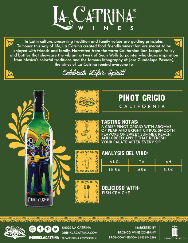 La Catrina Vino Pinot Grigio tech sheet sample