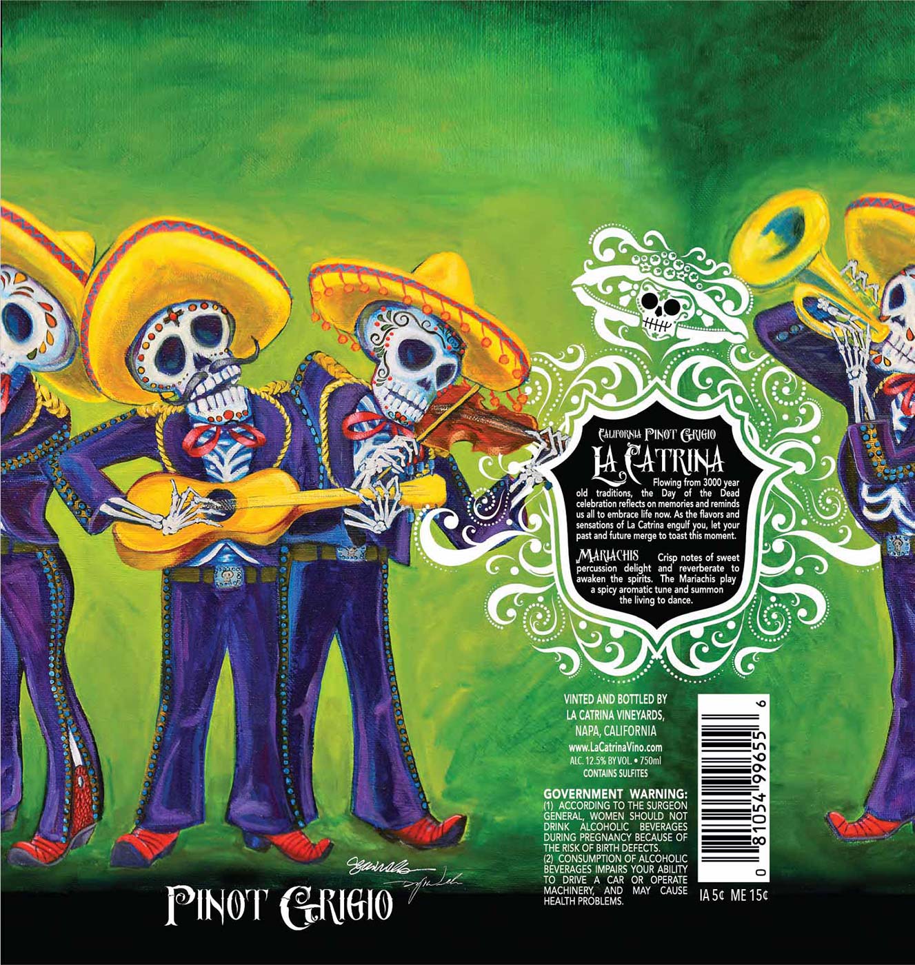 La Catrina brand Pinot Grigio wine bottle front label sample