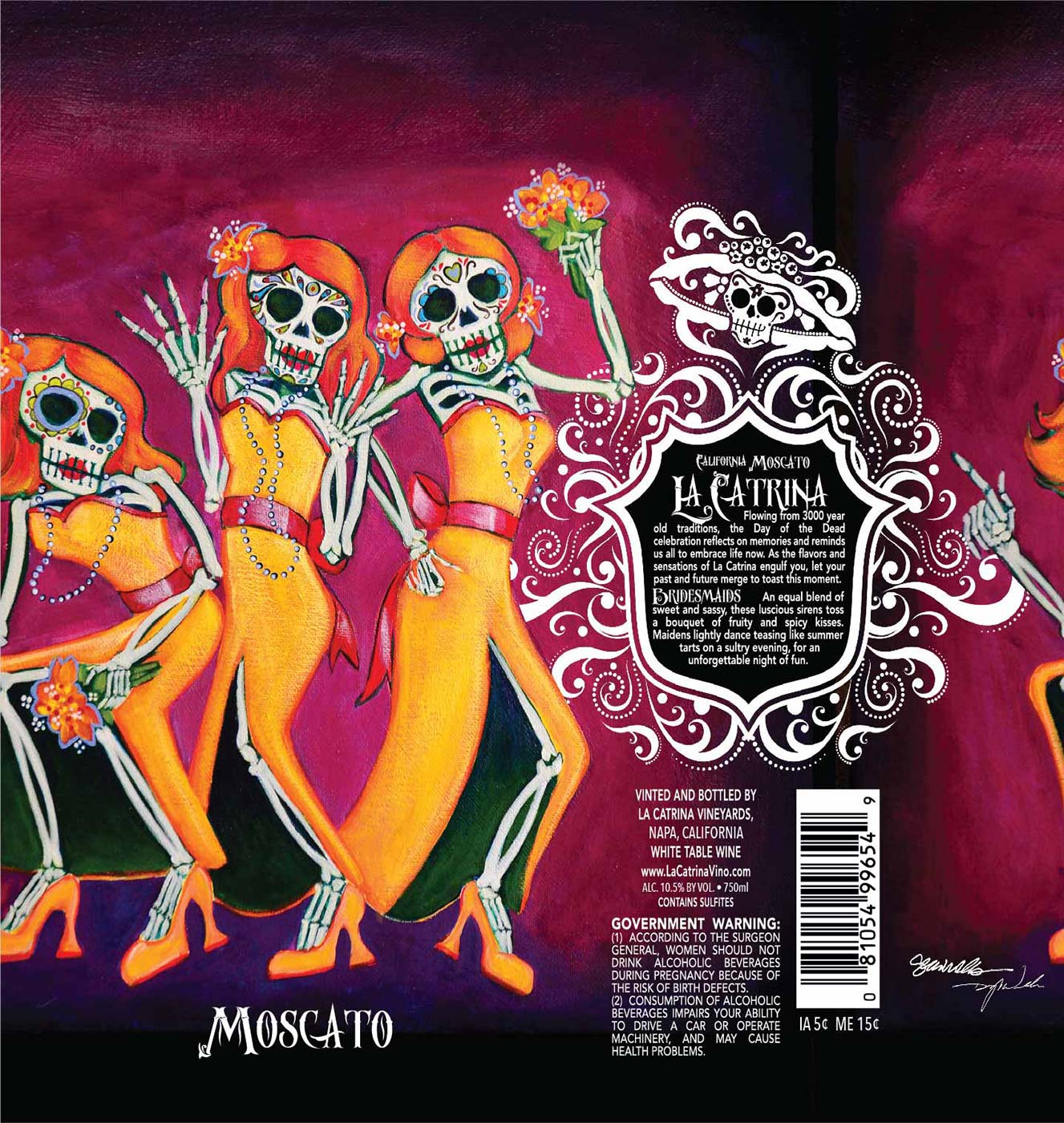 La Catrina brand Moscato front wine bottle label sample