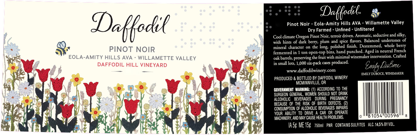 Daffodil brand Pinot Noir wine bottle front label sample