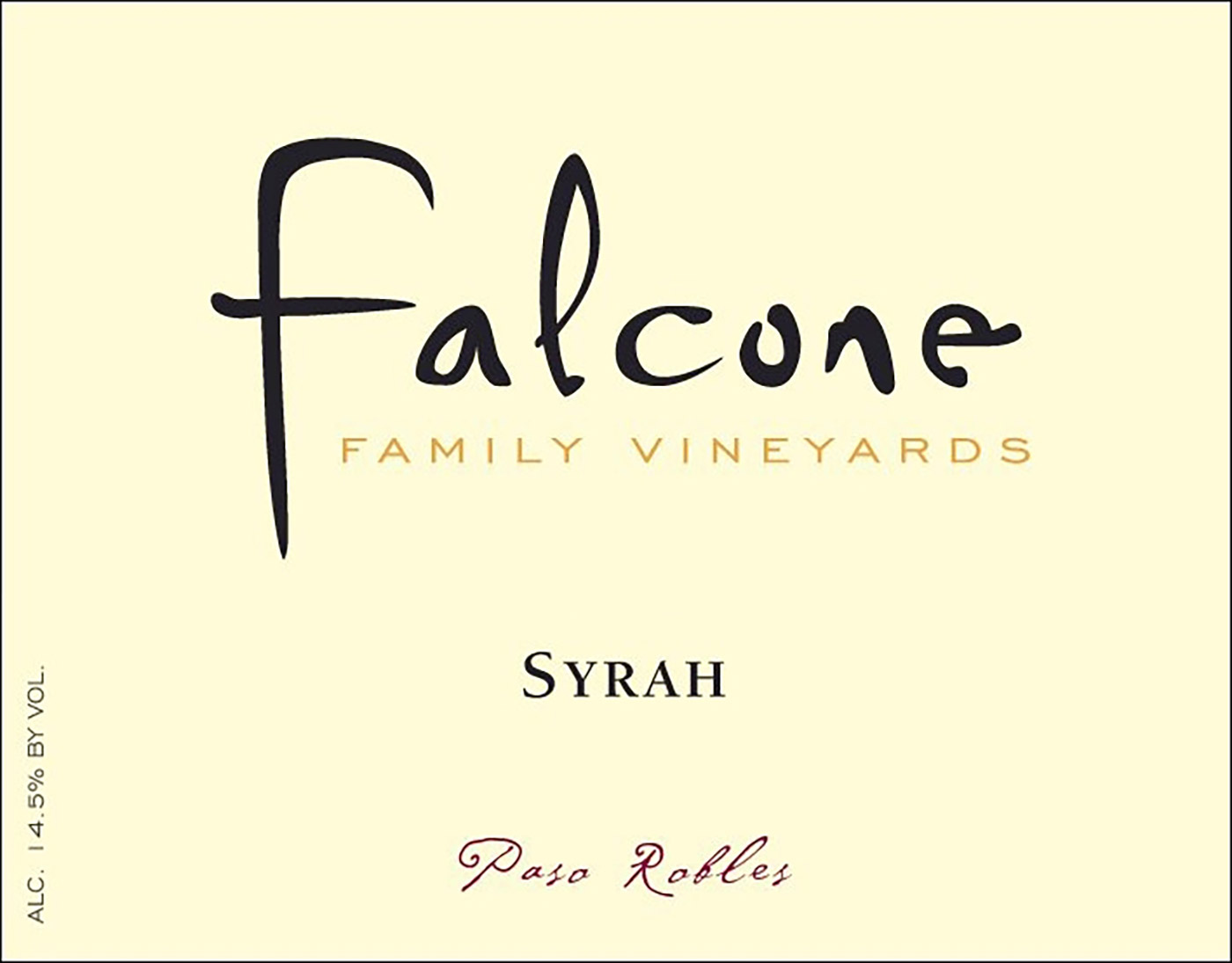 Falcone Family brand Syrah wine bottle front label sample