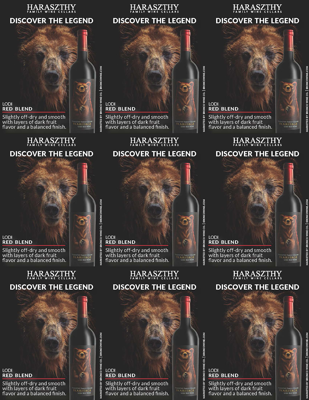 Haraszthy Family Cellars brand Bearitage Red Wine shelf talker sample