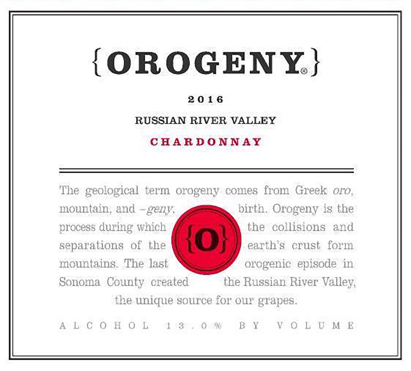 Orogeny brand Chardonnay wine bottle front label sample