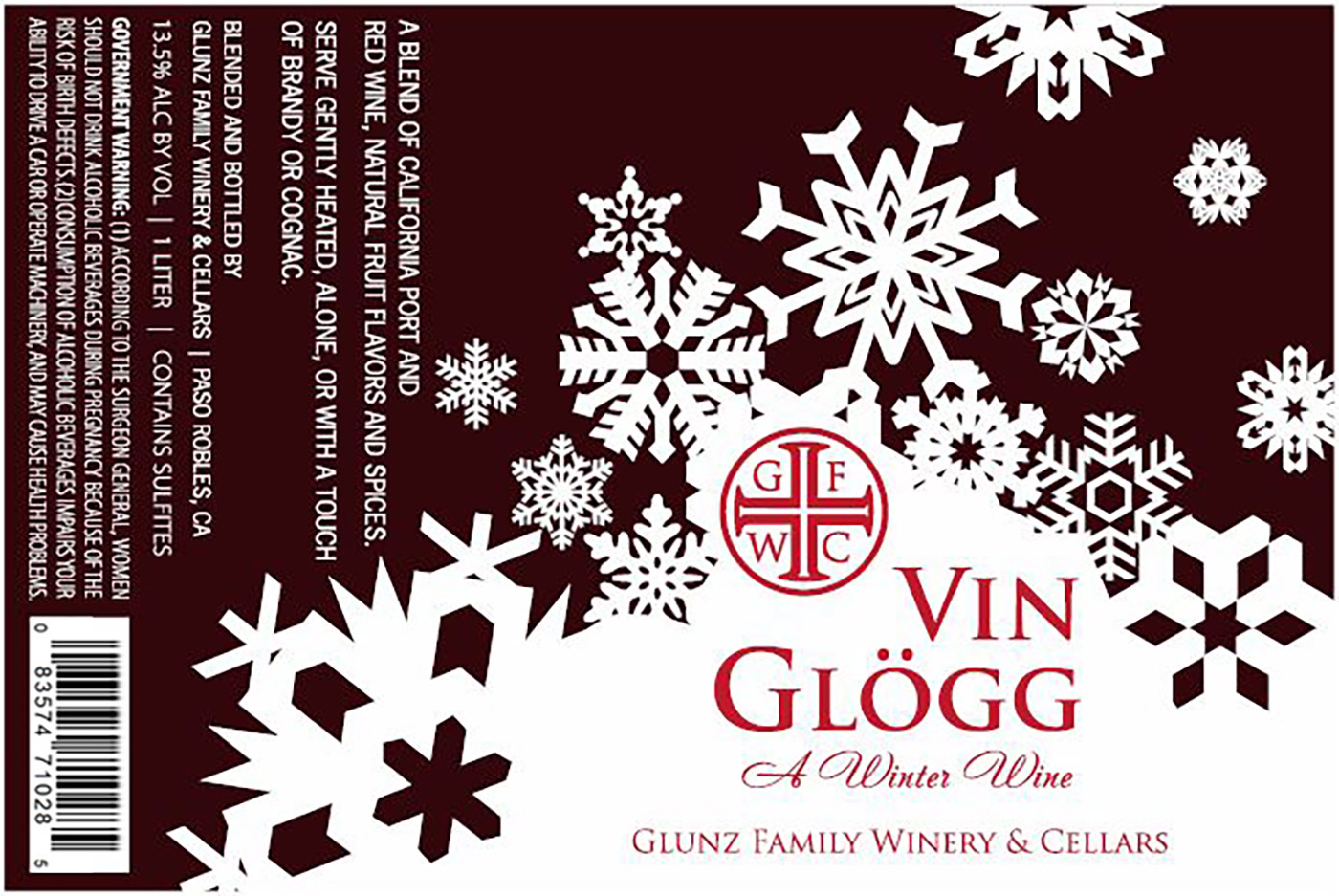 Vin Glogg brand Winter Wine wine bottle front label sample