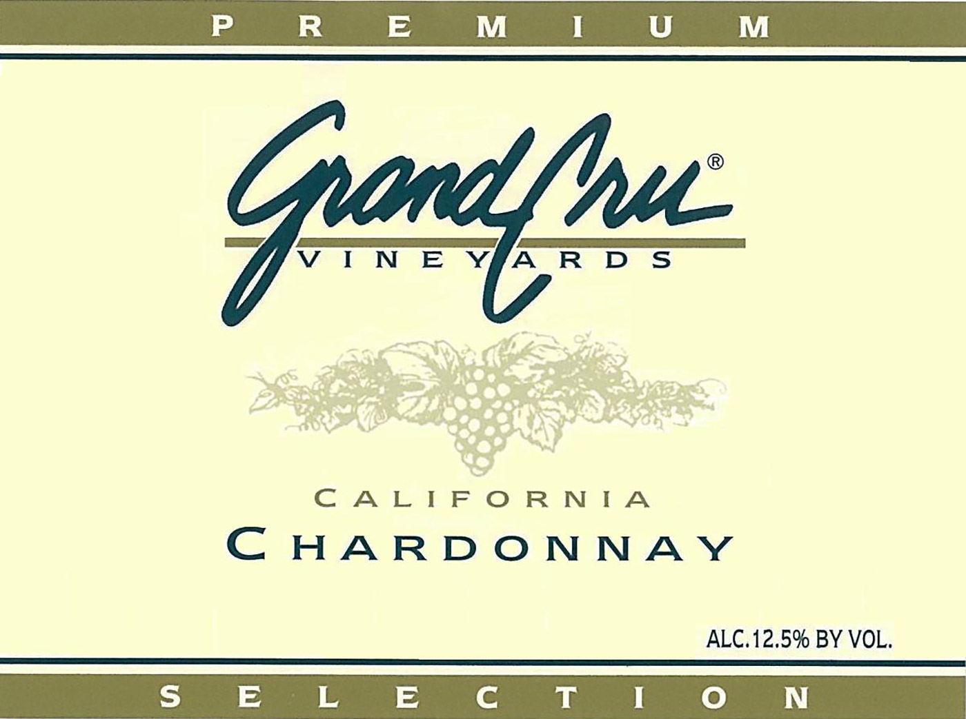 Grand Cru brand Chardonnay wine bottle front label sample