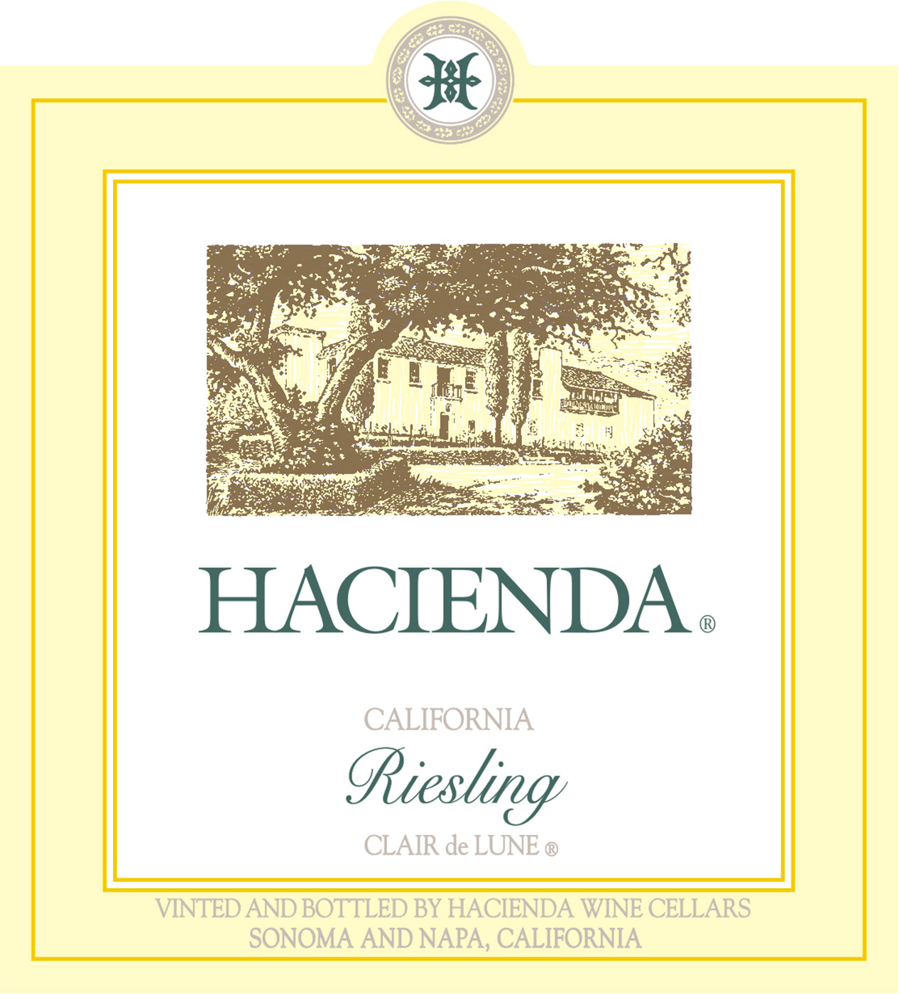 Hacienda brand Riesling wine bottle front label sample