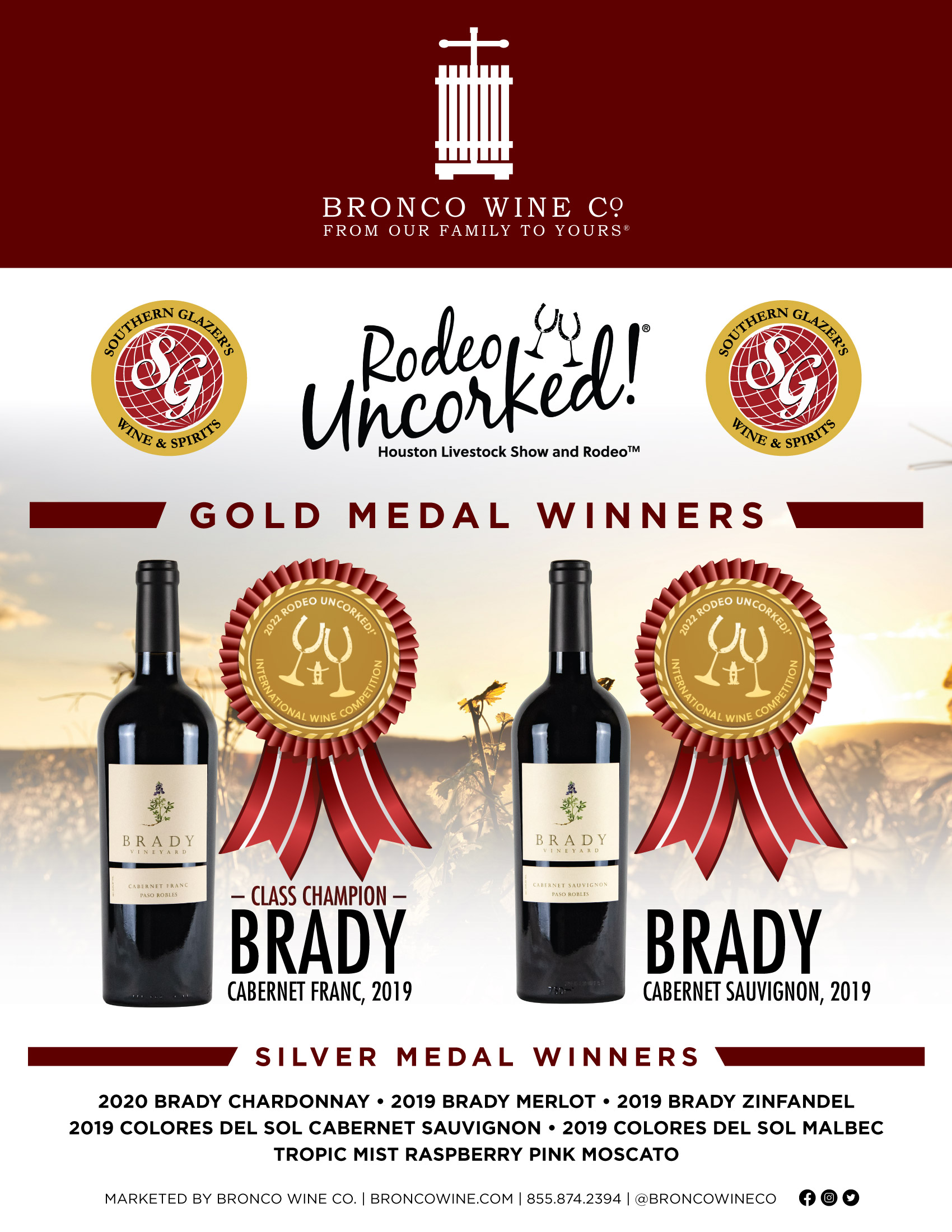 Brady Vineyards bramd Gold Medal flyer for 2019 Cab Franc and 2019 Cab Sauv