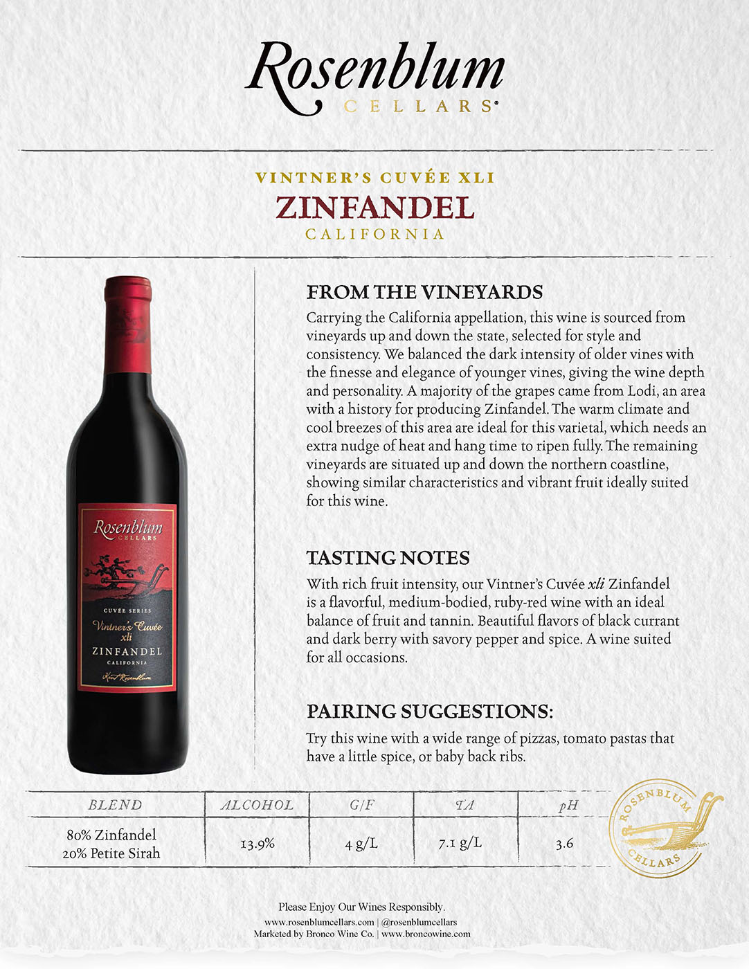 Rosenblum Cellars Vintner's Cuvée XLI Zinfandel tech sheet samples