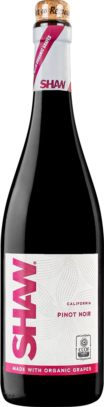Shaw Organic Pinot Noir wine bottle with Shaw wine label and capsule