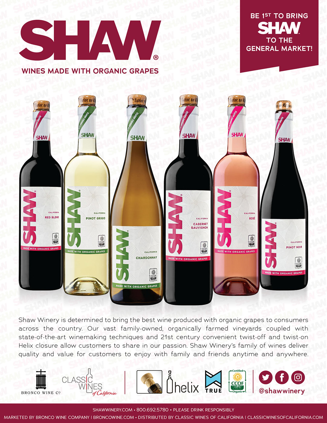 Shaw Organic wine flyer showing portfolio for National Sales