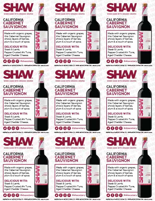 Shaw Organic Cabernet Sauvignon wine shelf talker sample