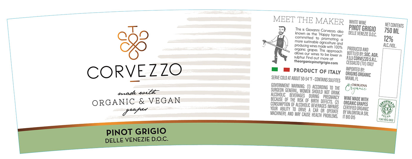 Corvezzo brand Pinot Grigio wine front label sample
