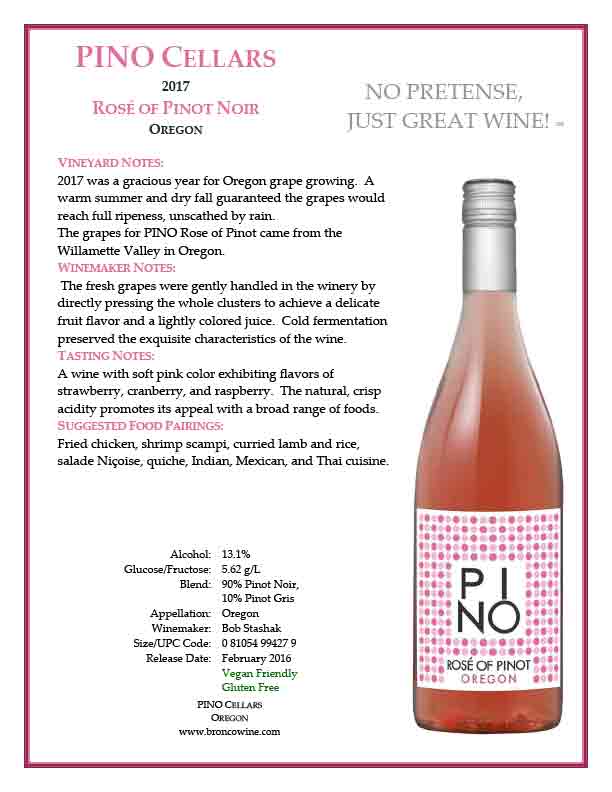PINO Cellars Rosé of Pinot Noir Tech Sheets