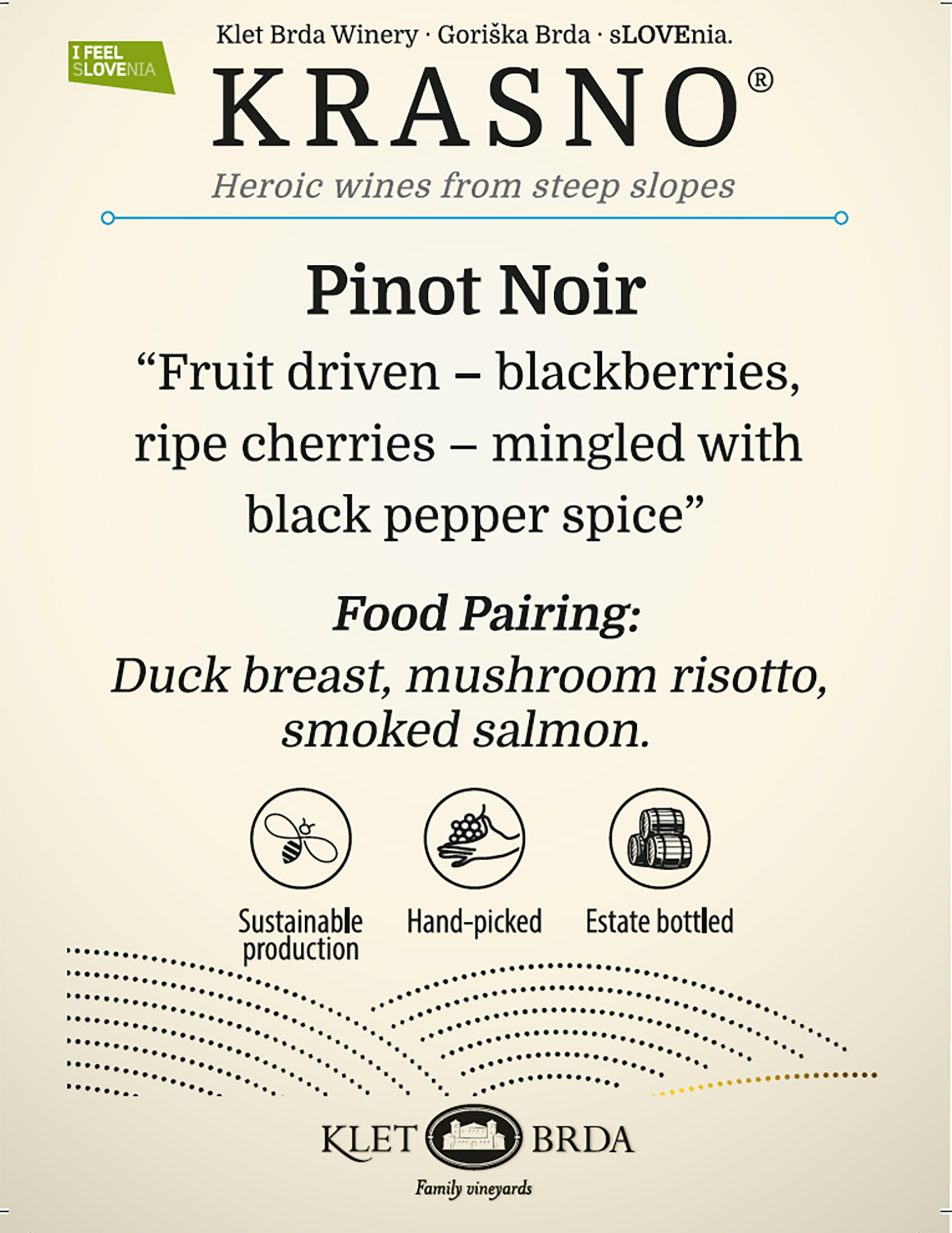 Krasno Pinot Noir wine tech sheet sample