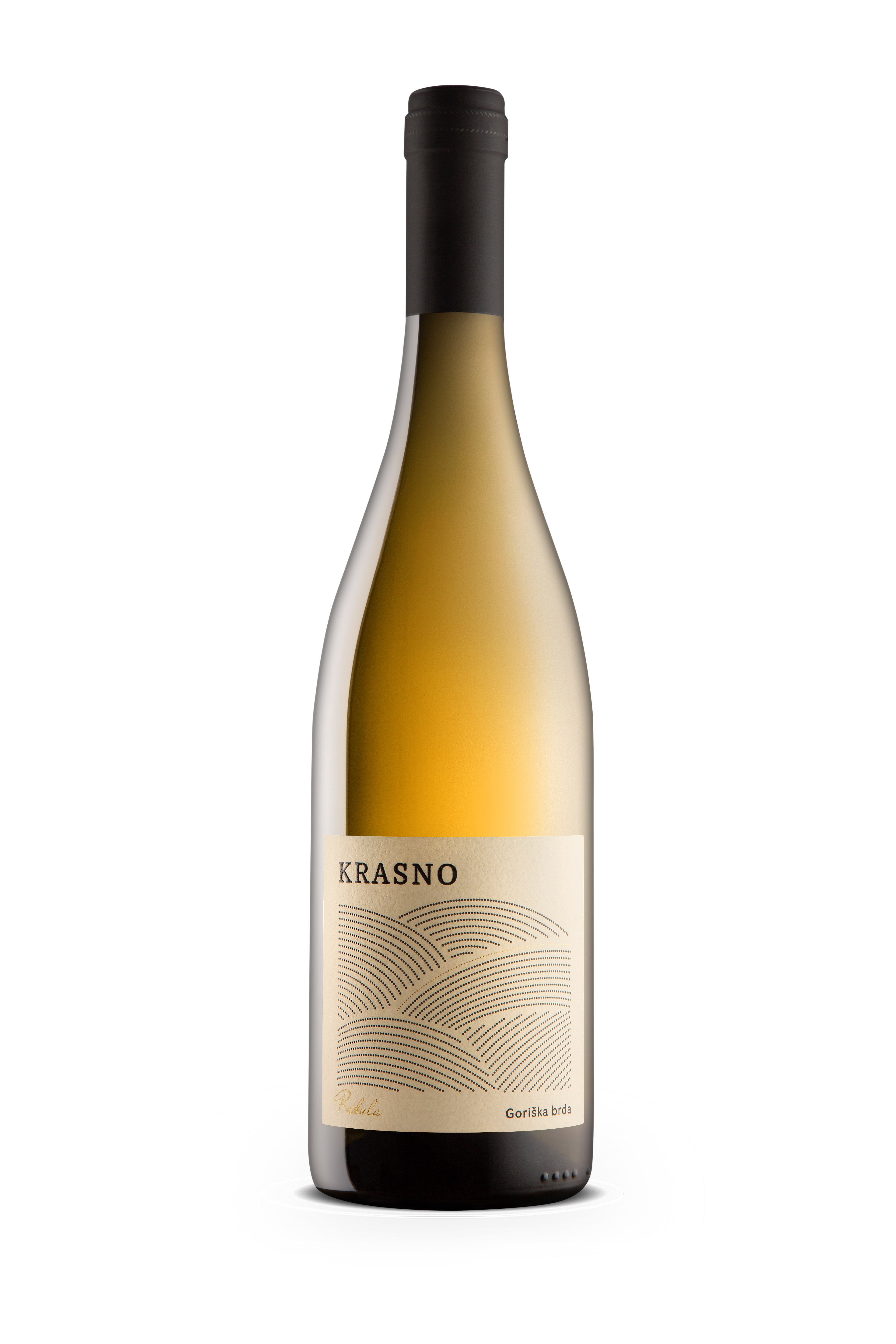 Krasno Sparkling Rebula wine bottle with label and capsule front view