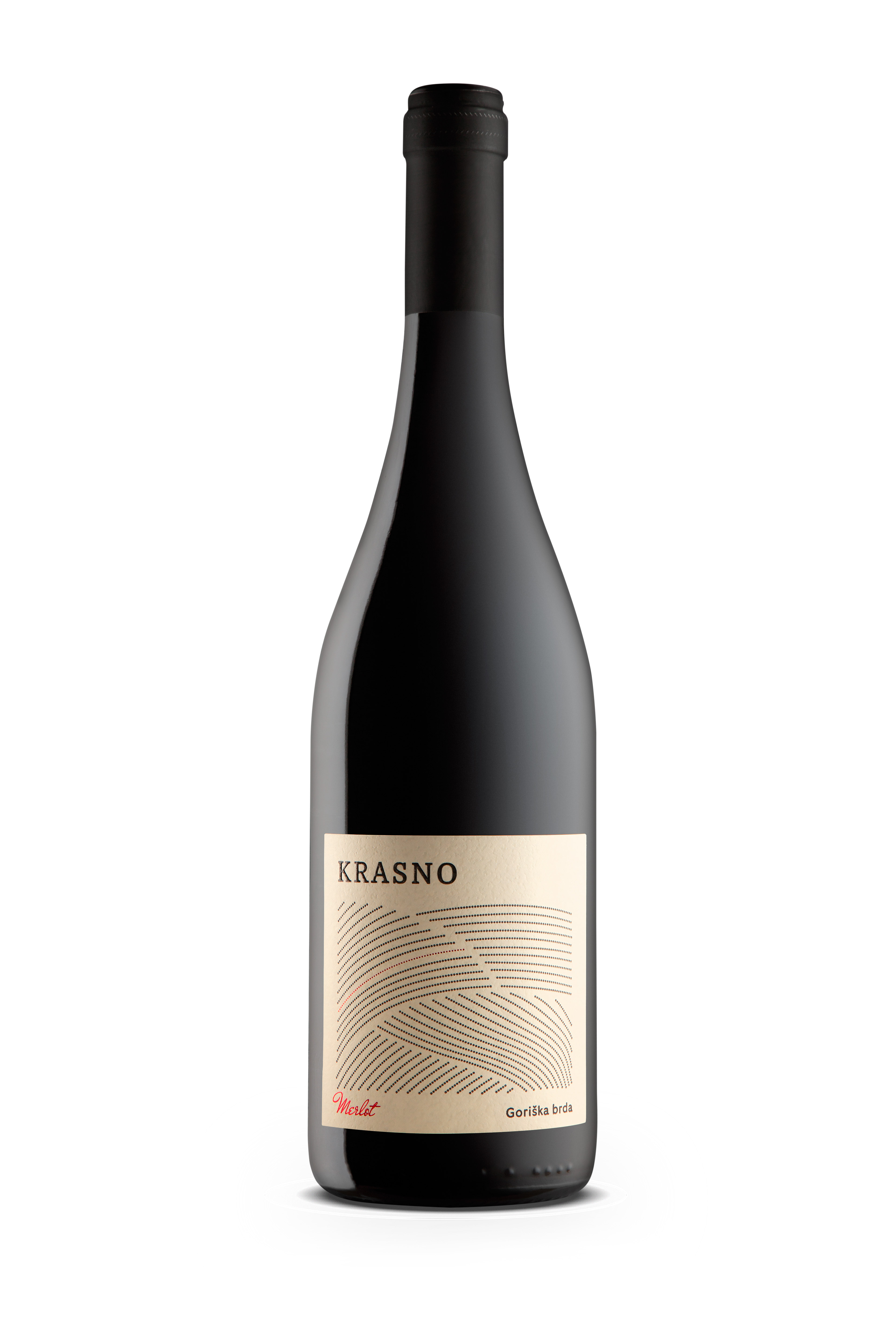 Krasno Merlot wine bottle and wine label front view