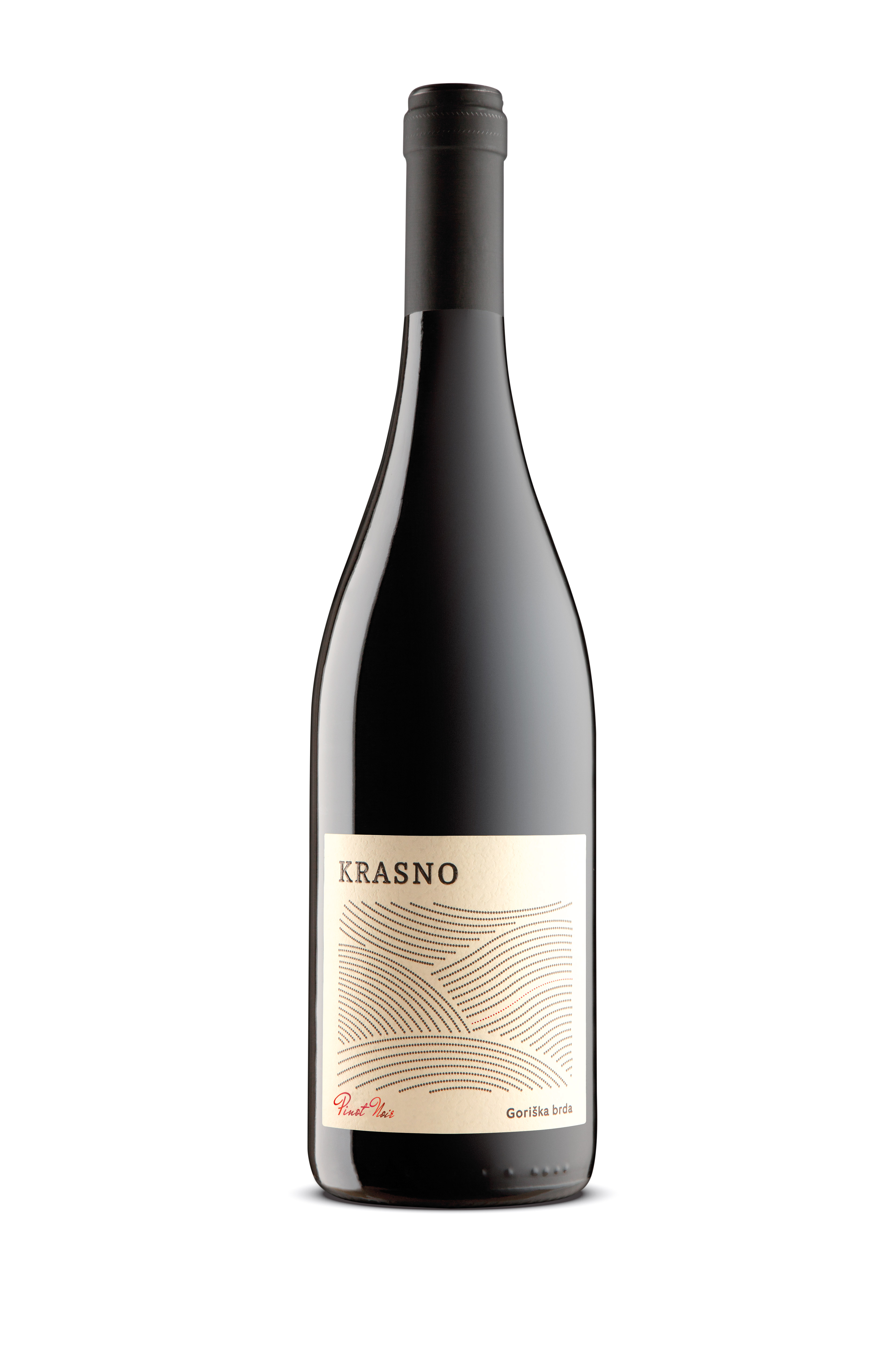 Krasno Pinot Noir wine bottle with label and capsule from front
