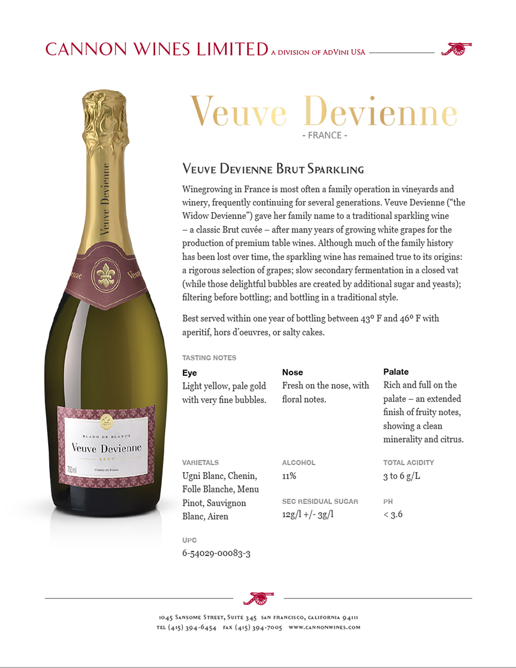 Veuve Devienne Brut Blanc de Blancs Sparkling White Wine tech sheet sample
