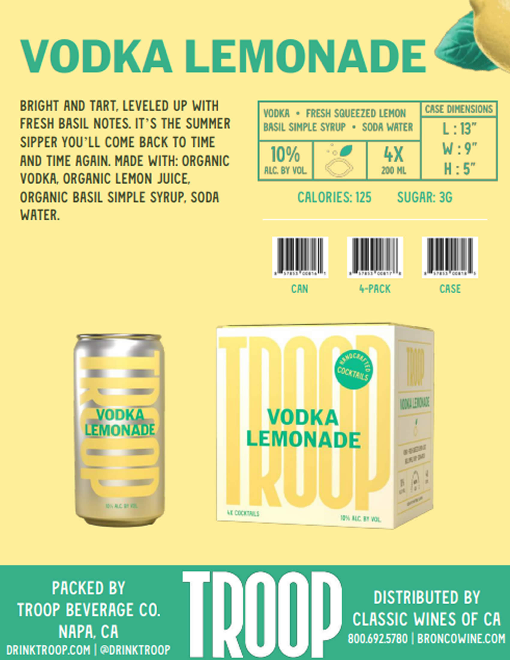 Troop Cocktails Vodka Lemonade tech sheet sample