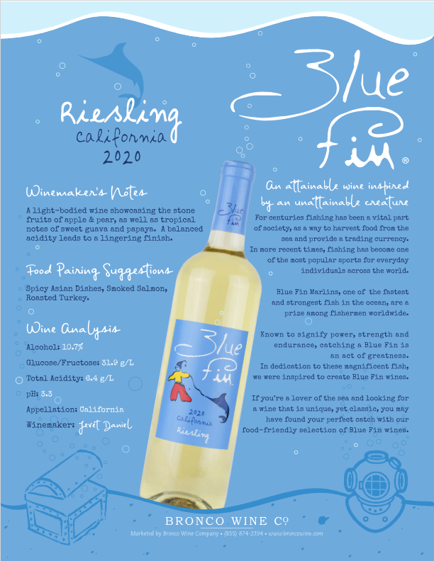 Blue Fin wine brand tech sheet sample