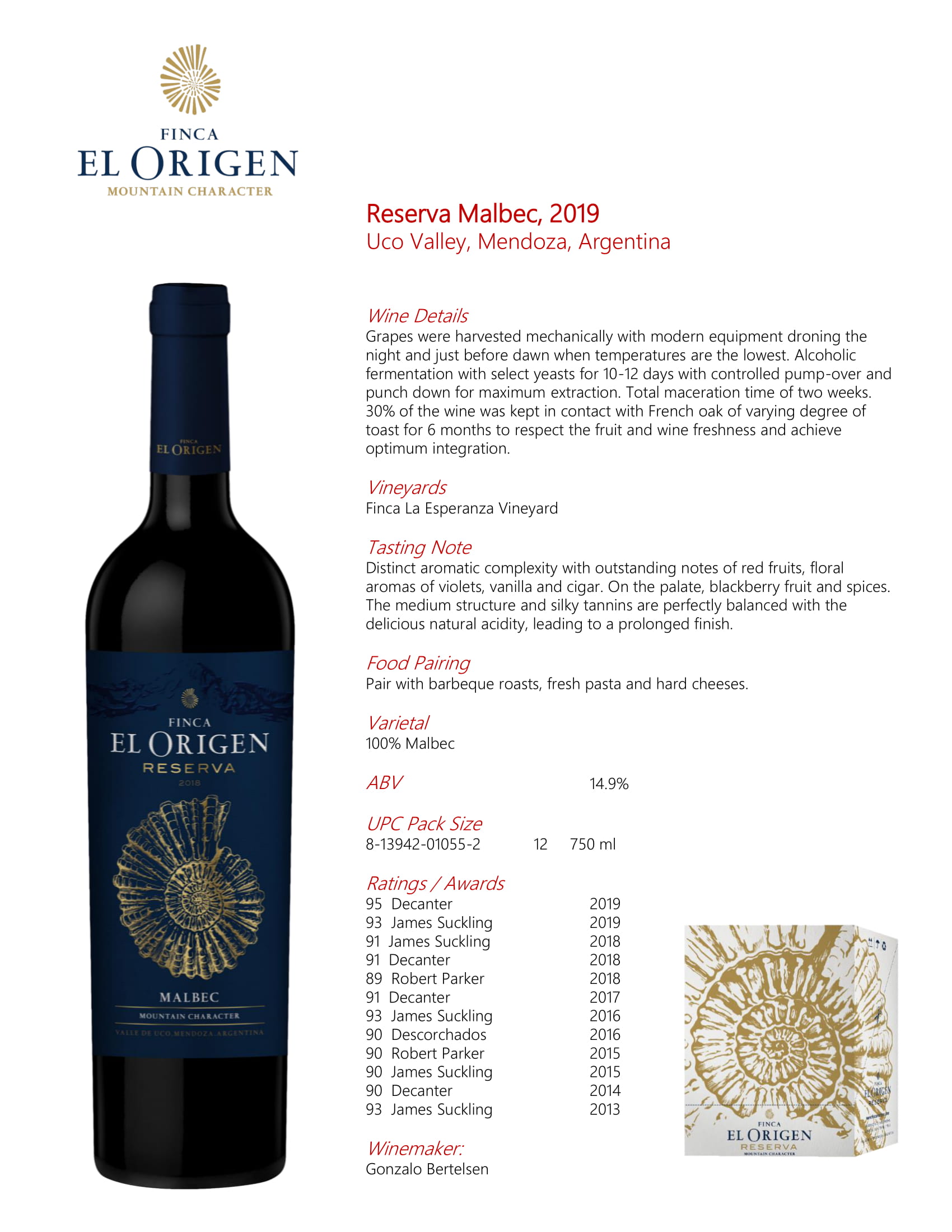 Finca El Origen Reserva Malbec tech sheet sample