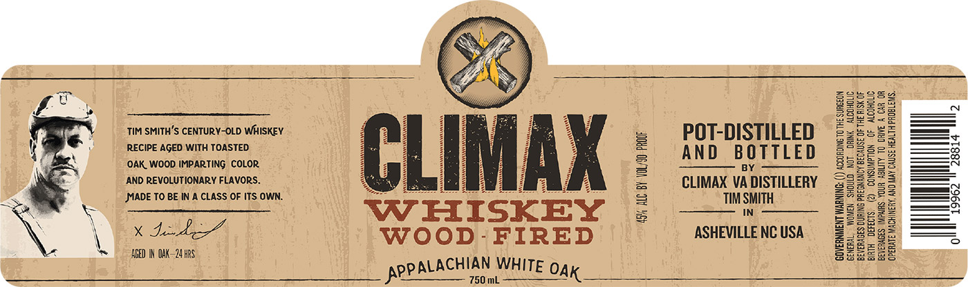 Climax brand Wood-Fired Whiskey bottle front label sample