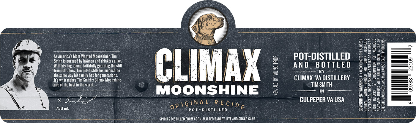Climax brand Original Moonshine bottle front label samples