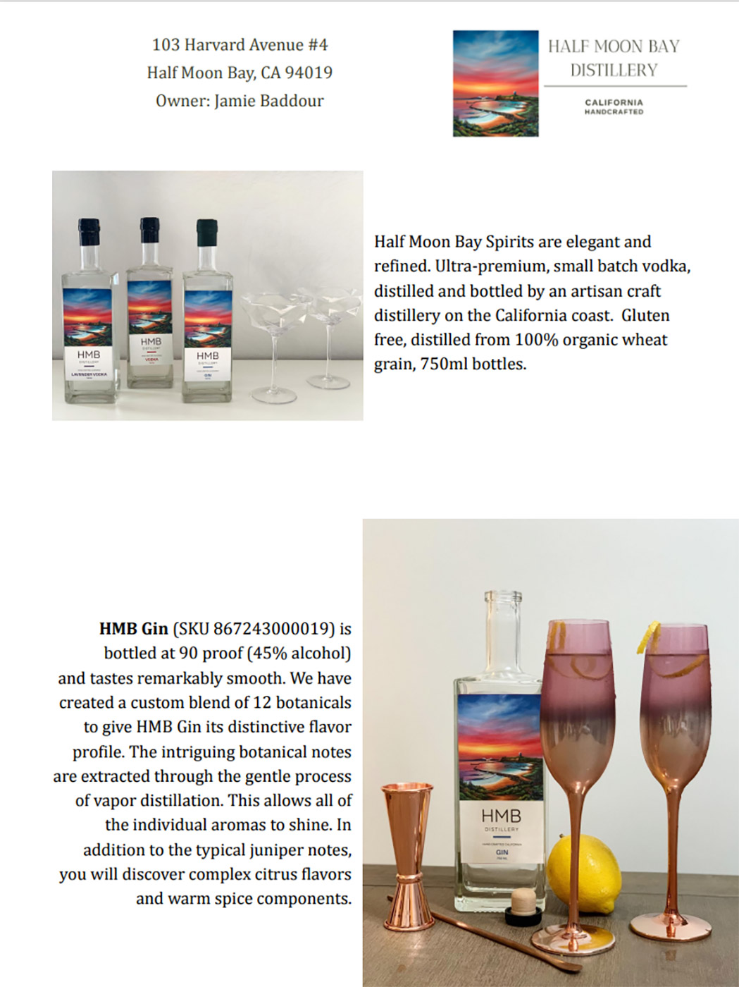 Half Moon Bay Distillery brand printable flyer sample