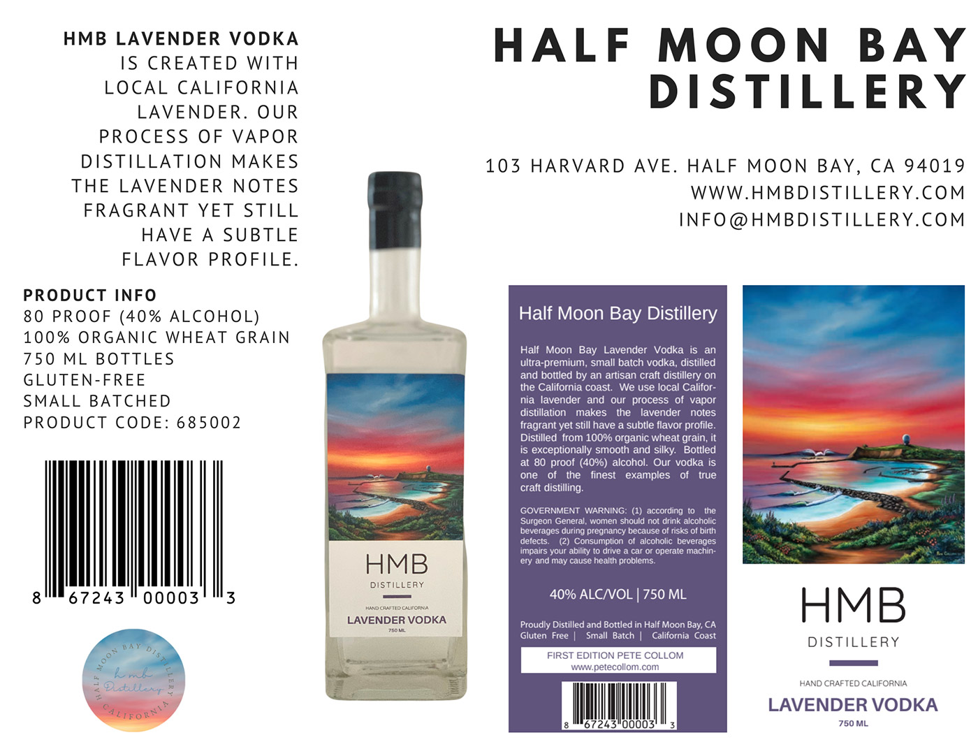 Half Moon Bay Distillery brand Lavender Vodka tech sheet sample