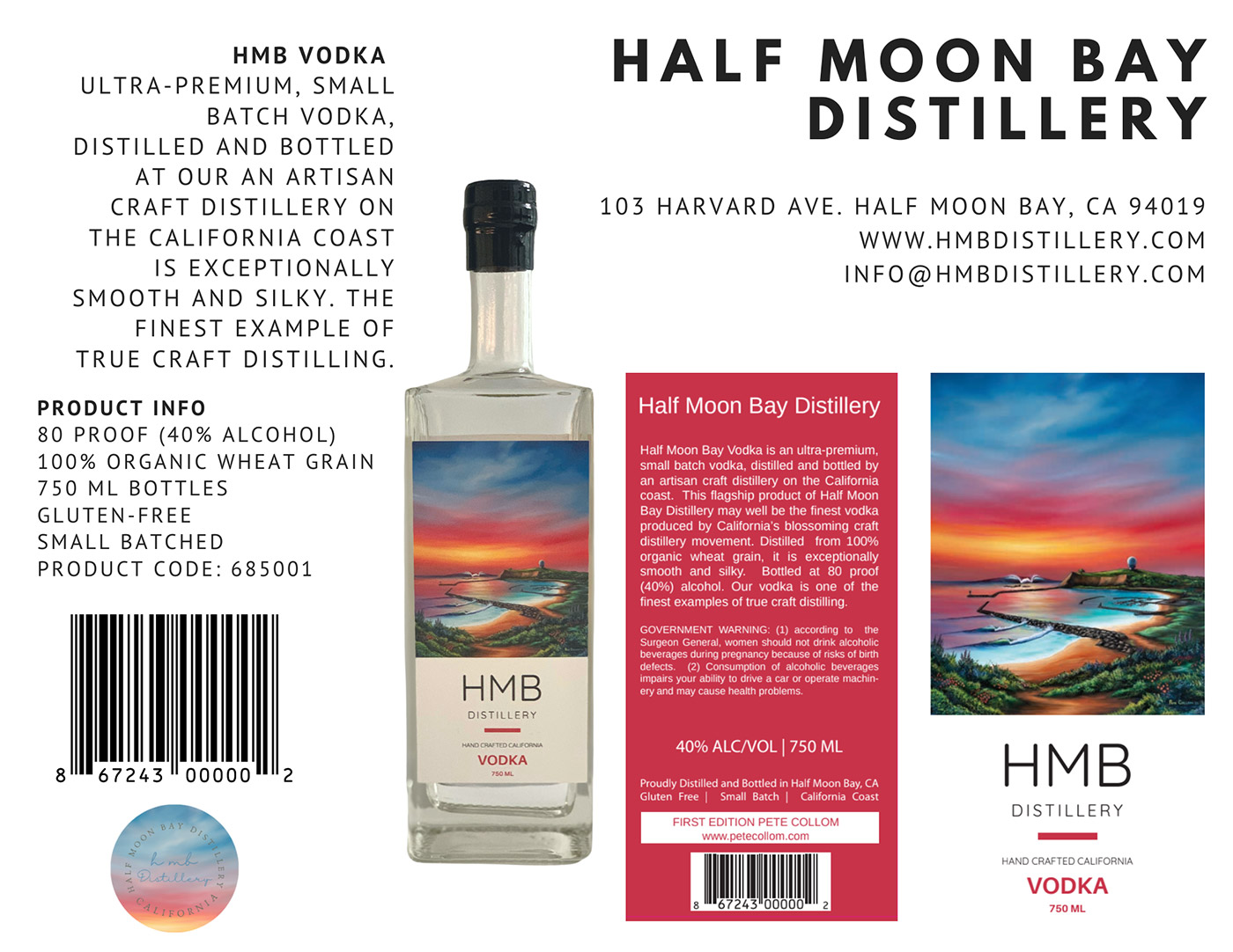 Half Moon Bay Distillery brand Vodka tech sheet sample