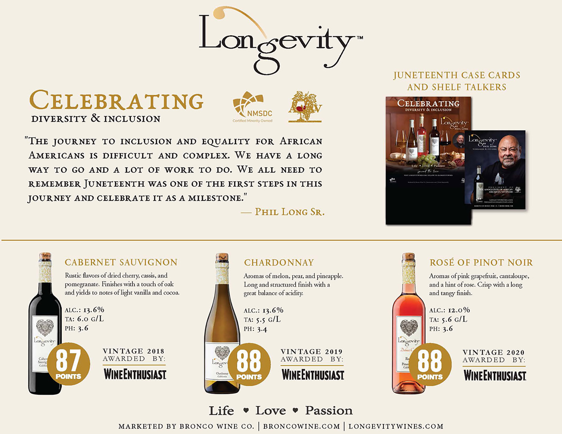 Longevity wine brand Family sell sheet sample