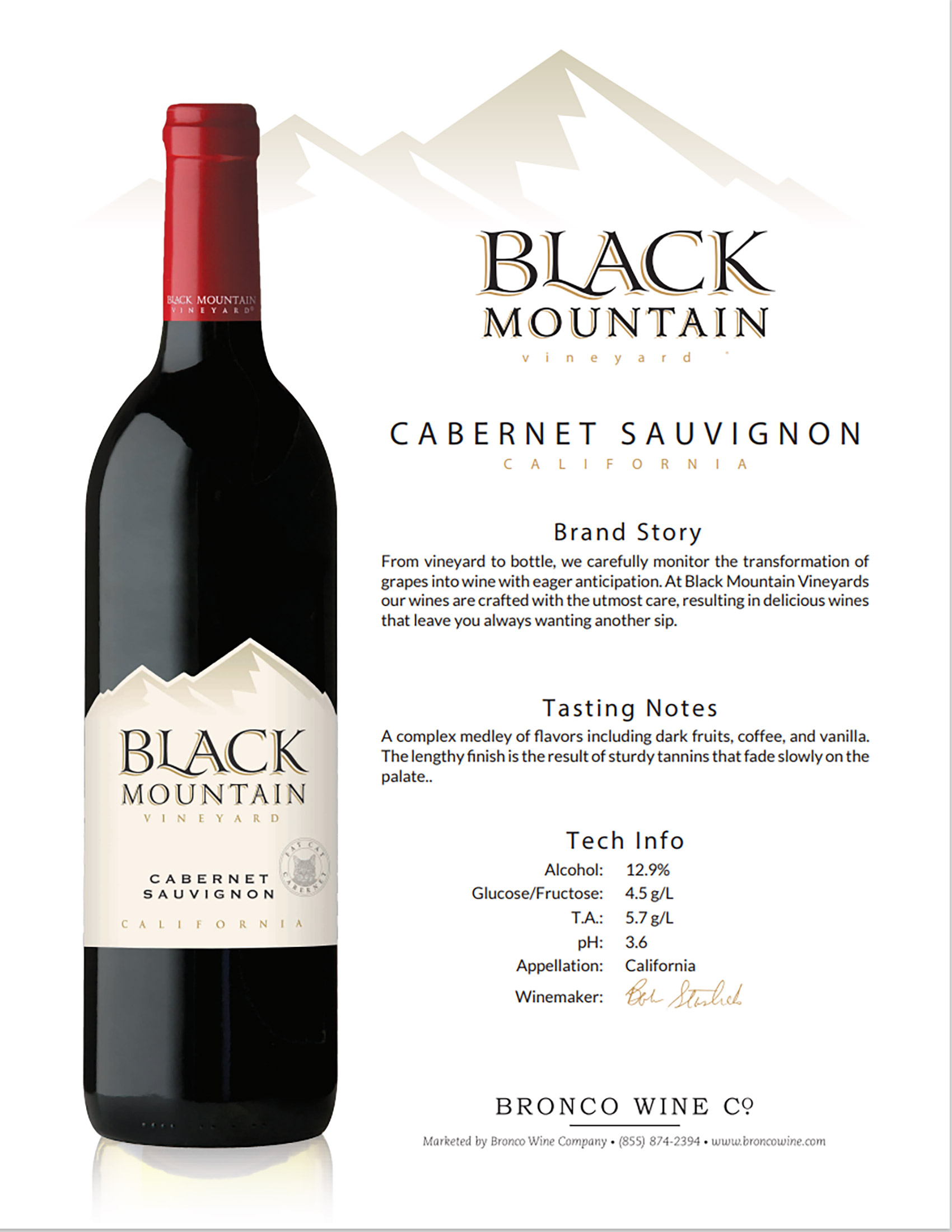 Black Mountain wine brand Cabernet Sauvignon tech sheet sample