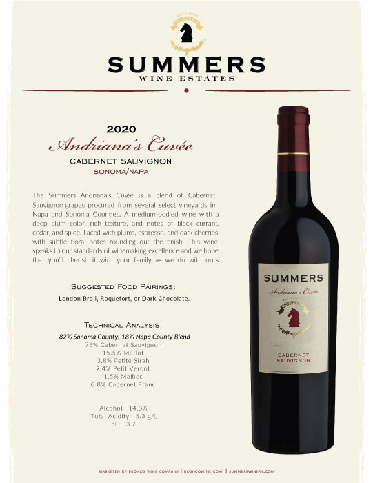 Summers Cabernet Sauvignon Andriana's Cuvée wine tech sheet sample