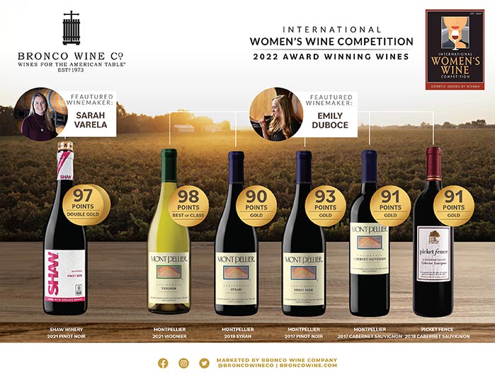 A group of award winning wines lined up on a table with their medal scores