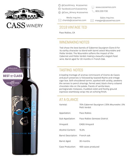 Cass Winery Vintage Ted tech sheet sample
