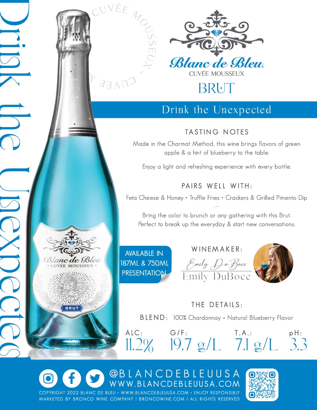 Blanc de Bleu sparkling brand Brut tech sheet sample