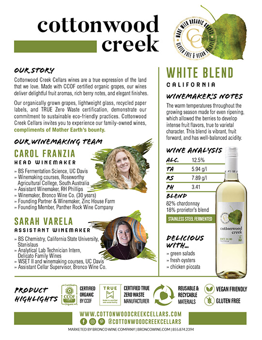 Cottonwood Creek White Wine tech sheet sample
