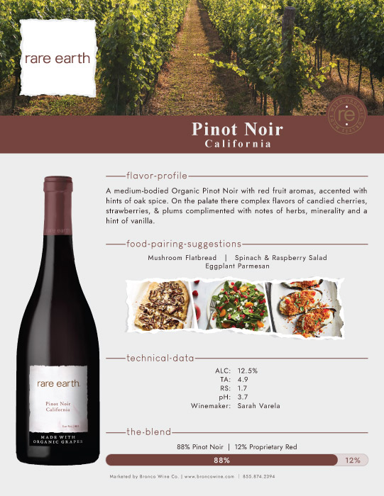 Rare Earth Pinot Noir wine tech sheet sample