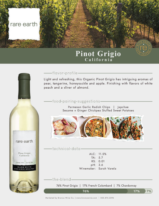 Rare Earth Pinot Grigio wine tech sheet sample