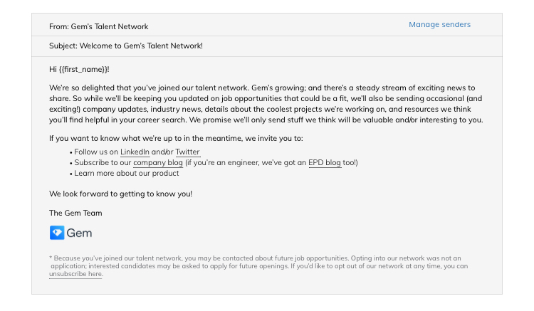 Talent Community Welcome Email