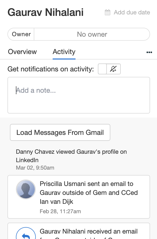 Gem Activity View for Recruiter Hiring Manager Visibility