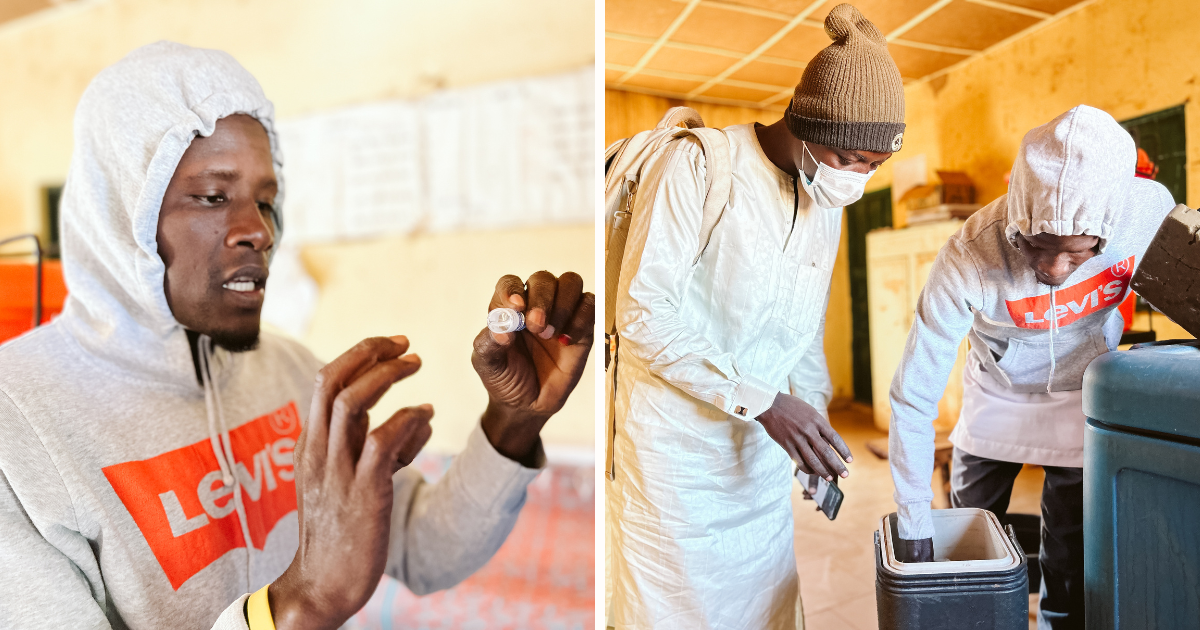 Idris and Abubakar assemble and inspect the vaccines and supplies they will need for the day.